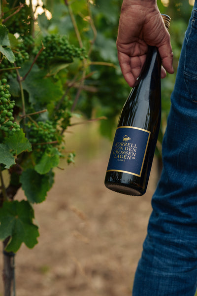 Von den großen Lagen Riesling Flasche in Hand in Weinberg