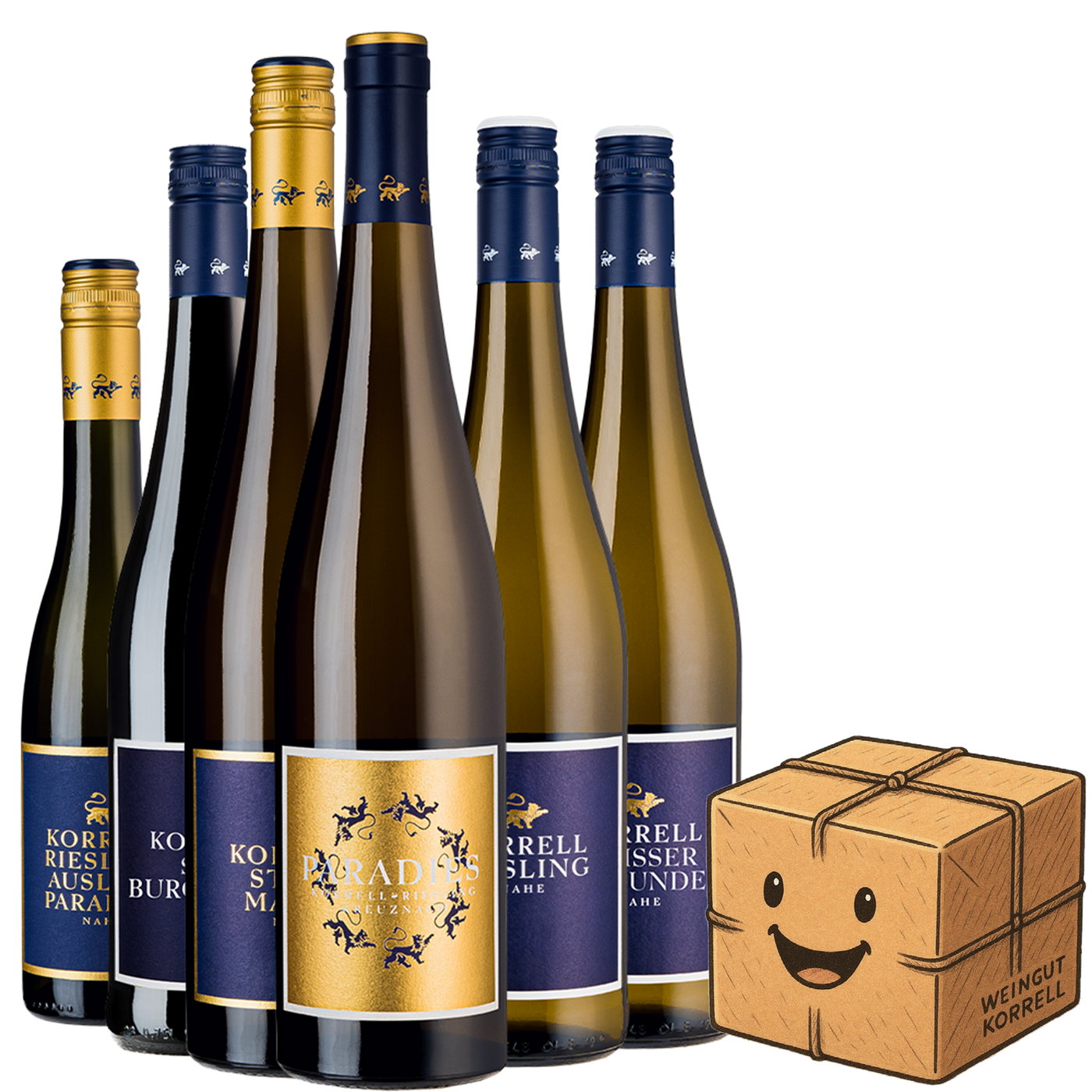Sprechendes Weinpaket mit 6 Flaschen Korrellwein und Paketbild mit Gesicht