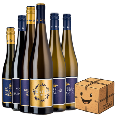 Sprechendes Weinpaket mit 6 Flaschen Korrellwein und Paketbild mit Gesicht